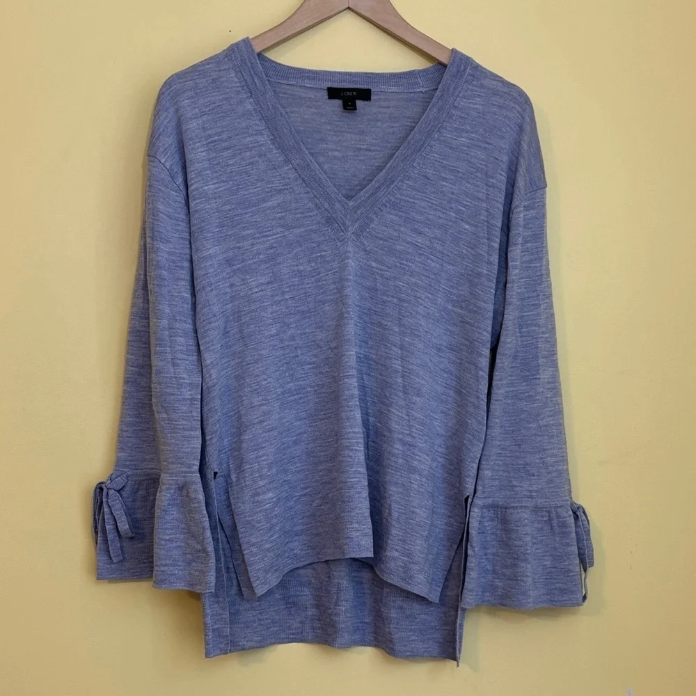 J Crew Lavender Lilac 100% Merino Wool Knit Hi Lo Bell Tie Cuff V Neck Sweater S